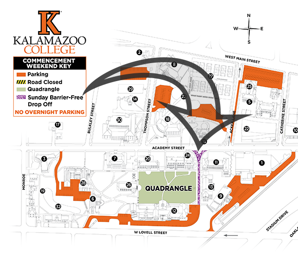 Map of campus with guest dropoff area highlighted. Accessible from 1135 Academy St