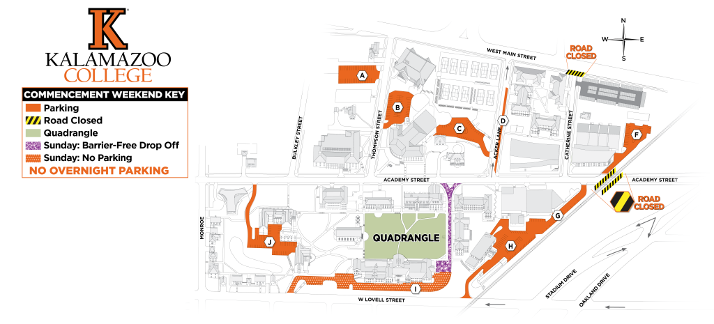 map showing available parking lots for use on main campus during Commencement.